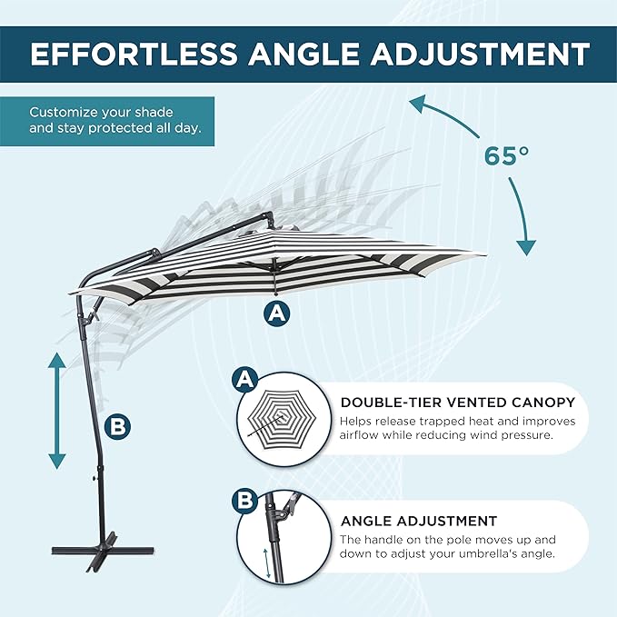10FT Offset Patio Umbrella, Cantilever Hanging Umbrella with Infinite Tilt, Fade-Resistant Water-Repellent Canopy & Cross Base for Yard, Garden & Deck