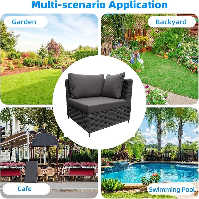 TWT ﻿Dark Gray Left Arm Outdoor Patio Sofa, Modular Woven Rope Sectional Chair with Water-Resistant Cushion & Rust-Proof Frame, for Backyard Balcony Deck