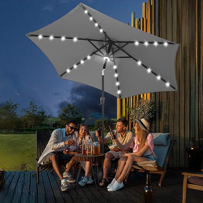 FLAME&SHADE 10ft Solar Outdoor Umbrella - 24 LED Lighted Patio Umbrella with Centre Surround Light, Table Umbrellas with Tilt & Crank for Pool, Porch, Garden, Deck, Backyard UV Protection (Anthracite)