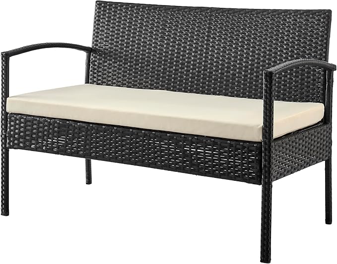 Manhattan Comfort Noli 4-Piece Patio Conversation Set, Outdoor Furniture Made of Steel Rattan | Includes 2 Modern Armchairs, Loveseat, Tempered Glass Coffee Table, Removable Waterproof Cushions, Cream