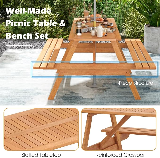 Tangkula Picnic Table with 2 Benches, Outdoor Wood Picnic Table Bench Set with 2-Inch Umbrella Hole, Slatted Tabletop & Seat, Outside Table and Bench Set for Garden, Backyard, Porch, Patio