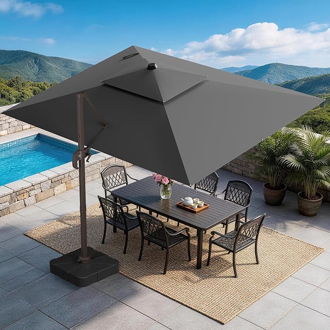 GENTEACO 9x12FT Cantilever Patio Umbrella, Double Top Rectangle Offset Umbrella 7 Angle Tilts & 360° Rotation, Large Heavy Duty Outdoor Sun Umbrella for Pool Market, Grey