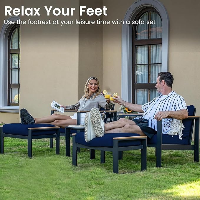 Sundale Outdoor Aluminum Patio Furniture Set, 7 Piece Outdoor Conversation Sets with Coffee Table, Ottoman and Washable Thick Cushions, All Weather Outdoor Sectional Set for Deck, Lawn (Navy Blue)