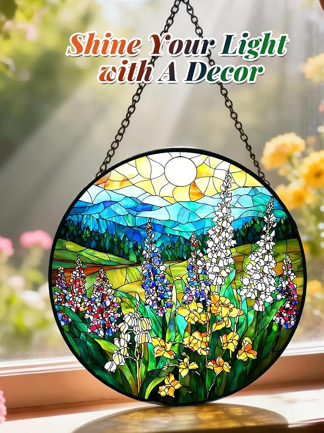 Wildflowers Stained Glass Suncatcher Window Hanging Gifts for Women Men | 6.3in Garden Sun Catcher, Plant Scenery Flower Sunrise Ornament for Door Home, Gift for Mom Grandma & Mother's Day Christmas
