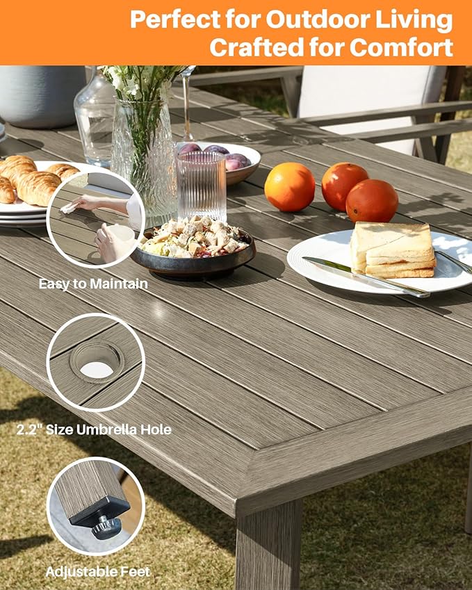 7 Pieces Outdoor Dining Set, Never-Rust Aluminum Patio Swivel Dining Set with Umbrella Hole, 360° Rotation Outdoor Patio Furniture Set, 6 Swivel Chairs and Table for Garden, Pool, Limed Oak