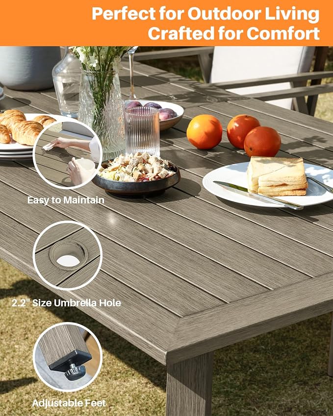 9 Pieces Outdoor Dining Set, Never-Rust Aluminum Patio Furniture Set with Umbrella Hole, All-Weather Outdoor Patio Dining Set for 8, Patio Table and Chair Set for Decks, Pool, Lawn, Limed Oak