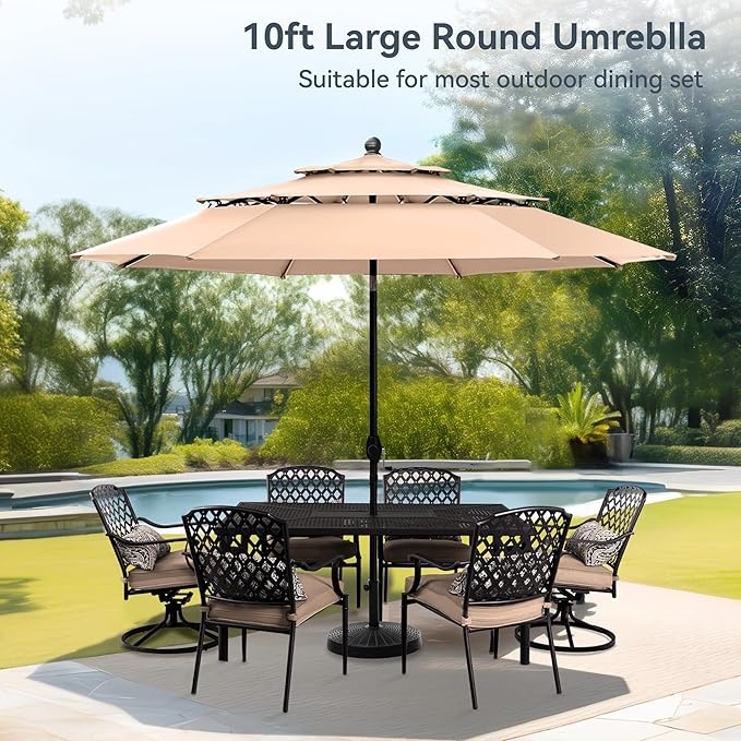 PHI VILLA 10ft Patio Umbrellas, Outdoor 3 Tier Vented Large Market Table Umbrella with 8 Sturdy Ribs and 1.5" Umbrellla Pole for Lawn Poolside Garden Terrace, Beige(No Base)