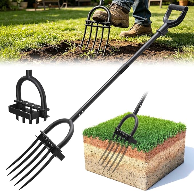 Broadfork Garden Tool, 55IN Pitch Fork for Gardening 5-Tine Heavy Duty Garden Fork with Ergonomic D-Grip Handle for Digging Loosening Soil Cultivating Weeding Composting