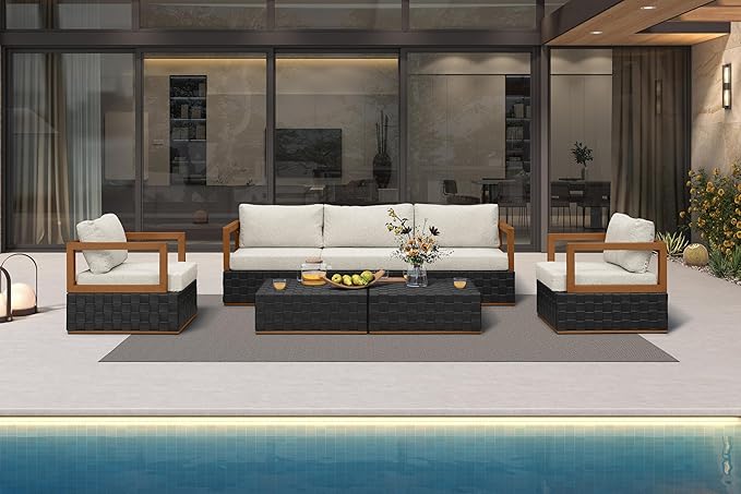 PURPLE LEAF Patio Outdoor Furniture Set 7 Pieces, Premium Leather Outdoor Couch Sectional Sofa, Patio Conversation Sets with Olefin Cushions, Patio Couch for Porch, Balcony, Garden, Black