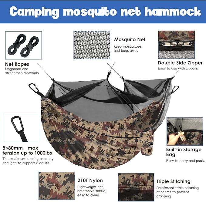 Gold Armour Camping Hammock - Camping Essentials, Double Hammock with Bug Net, Camping Gear Hammock for Outside, Hiking, and Travel (Camouflage)