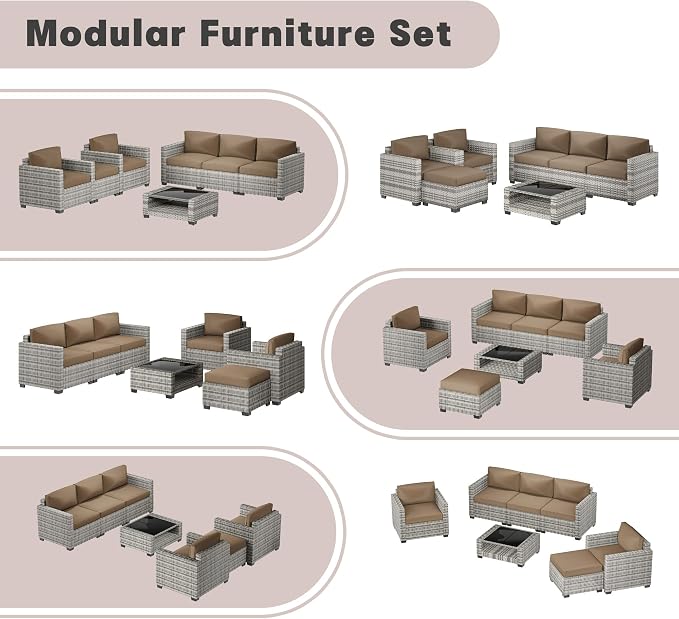 Patio Furniture Set, 7-Piece Outdoor Sectional Couch with Coffee Table & Thick Cushions, Outdoor Wicker Conversation Set for Backyard, Poolside, Garden (Grey White-Camel, 7 Piece-Double)