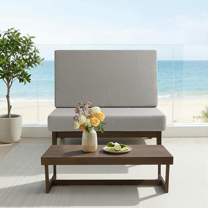 UIXE Wood Patio Furniture Sets, 2 Pieces All Weather Patio Loveseat Outdoor Sofa with Solid Wooden Coffee Table - Light Camel