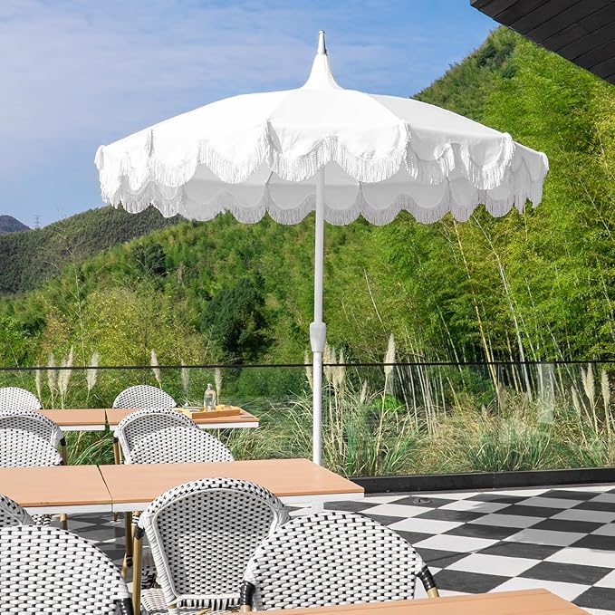 7.5ft Pagoda Patio Umbrella with Fringe, UPF50+ Tassel Umbrella with Crank & Fiberglass Ribs, Holiday Outdoor Umbrella for Garden Pool Lawn Yard Table