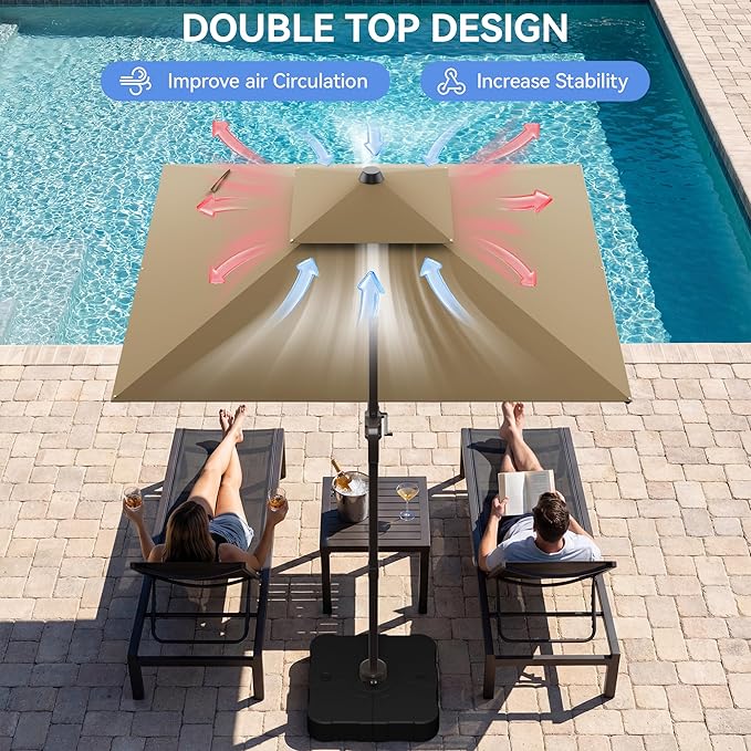10x10FT Beige Brown Cantilever Outdoor Patio Umbrella with Base, Large Square Offset Design, Double Top Heavy Duty Aluminum Frame & 360° Rotation for Pool Garden Deck Backyard