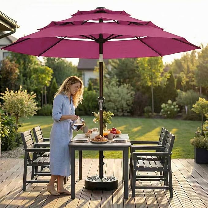 10ft 3-Tier Patio Umbrella with 32 Solar Powered LED Lights, Windproof Outdoor Market Umbrella for Deck, Poolside & Garden, Sturdy Push-Button Tilt Table Umbrella, Rose Pink