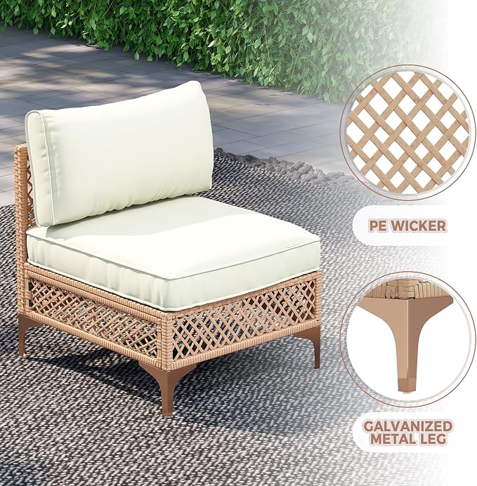 Outdoor Patio Furniture Set, Wicker Outdoor Sectional Set, Boho Patio Conversation Sectional Sofa with Large Tempered Glass Coffee Table and Waterproof Cushion (Large Size 5-Piece Patio Furniture)