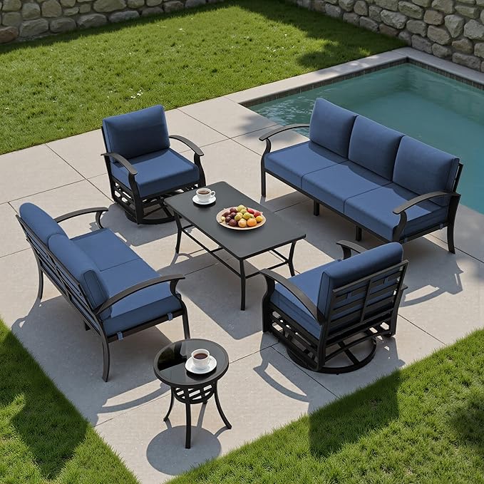 Kullavik Aluminum Patio Furniture Set with Rectangular Coffee Table,7-seat Metal Outdoor Sectional Furniture w/5.1" Cushions,Patio Conversation Sets for Garden,Backyard,Porch-Navy Blue