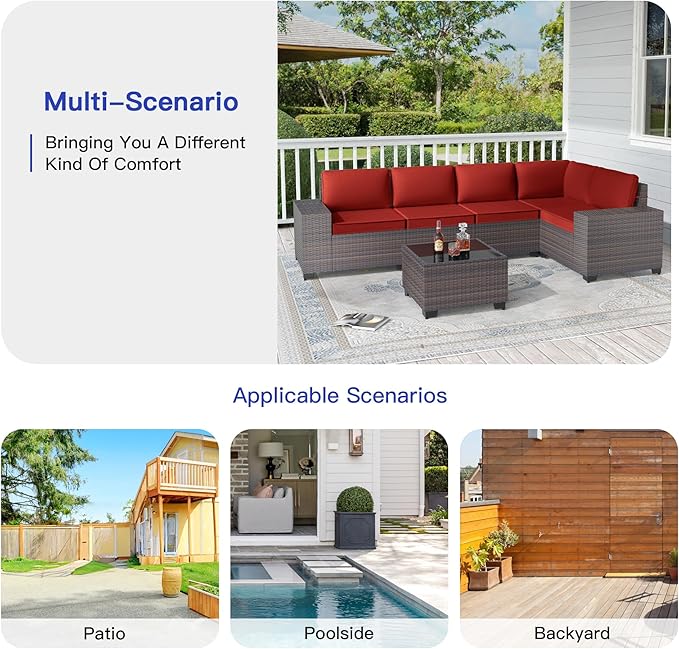 Patio Furniture Set 6 Pieces Outdoor Sectional Sofa Set,PE Rattan Wicker Patio Conversation Set with Thickened Cushions and Glass Coffee Table,Red