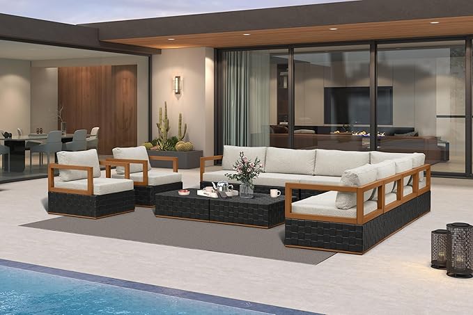 PURPLE LEAF Patio Outdoor Furniture Set 11 Pieces, Premium Leather Outdoor Couch Sectional Sofa, L-Shaped Patio Conversation Sets with Olefin Cushions, Patio Couch for Porch, Balcony, Garden, Black