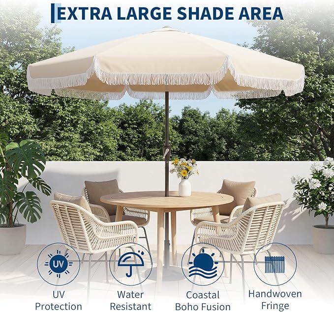 PeakPursuit 9 ft Patio Umbrella with Fringe, Tassel Outdoor Beach Umbrella for Sand with Push Button Tilt, 8 Fiberglass Ribs, UV 50+ Sun Protection for Garden, Pool, Backyard, Deck