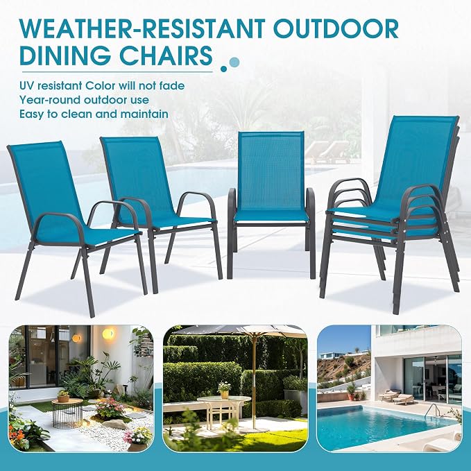 24.4" Wide Outdoor Stackable Chairs Set of 6, Stacking Patio Chairs with Textilene Fabric, Outside Furniture for Garden Backyard Balconie Poolside Deck, Blue