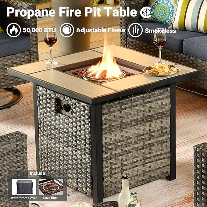 ovios 5 Pieces Patio Furniture Set, Outdoor Wicker Rattan Sofa Couch with 30" Fire Pit Table, Loveseat Chairs, Conversation Sets for Yard Porch Garden, Denim Blue