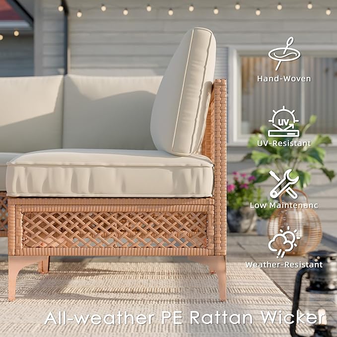 Vikiullf Patio Conversation Set, 5 Piece Outdoor Sectional Sofa Set with Coffee Table, Wicker Bistro Set with Thick Cushions, for Garden, Backyard, Poolside (Beige)
