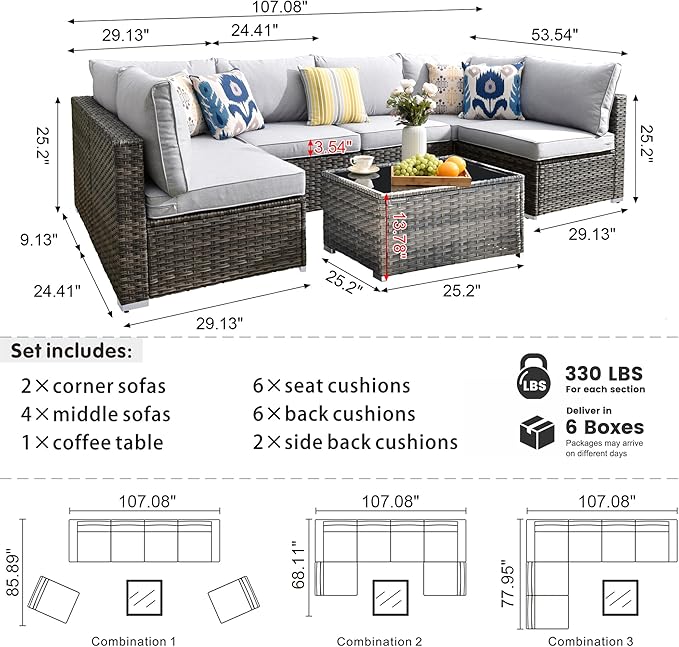 HOOOWOOO Patio Outdoor Sectional Furniture Sofa Set,7 Piece U Shaped Corner Wicker Rattan Couch Set,Rustic 6 Persons Summer Patio Conversation Set for Outside Porch Deck Garden(Light Gray)