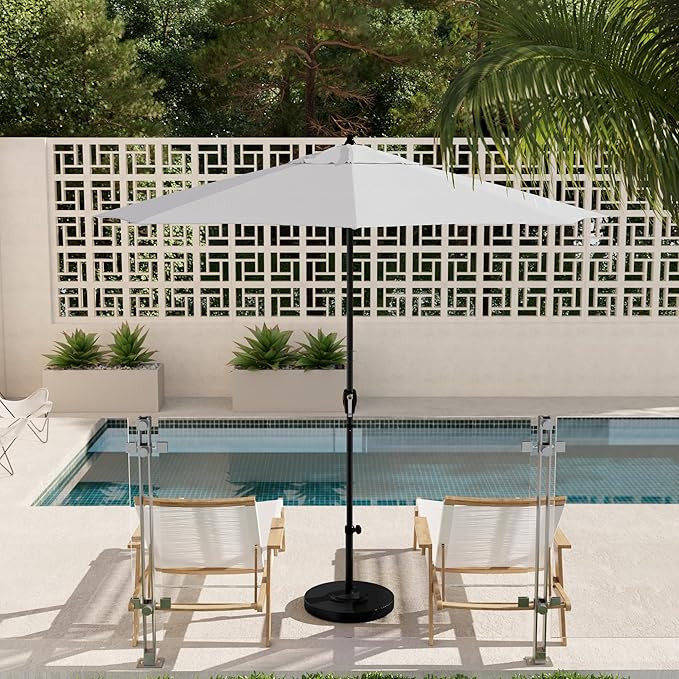 California Umbrella 12-Year Protection 9' Rd Aluminum Patio Umbrella, Crank Lift, Auto Tilt, Black Finish, Sunbrella Natural