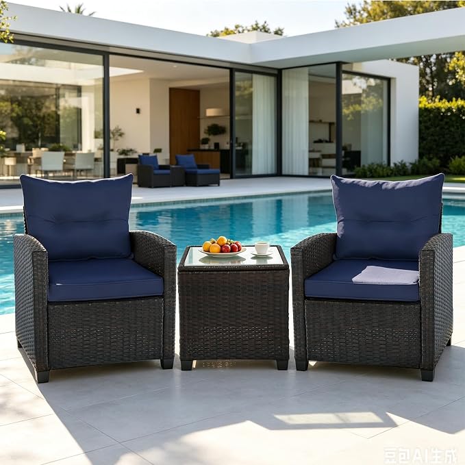 3 Pieces Patio Furniture Set,Outdoor Wicker Conversation Set,Outdoor Wicker Patio Chairs with Cushions & Glass Coffee Table,Bistro Set Outdoor for Porch (Blue)