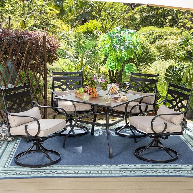 PHI VILLA 37" Square Patio Dining Table Outdoor Furniture Table for Backyard Bistro Garden Deck, Imitation Wood Table Top, 1.57” Umbrella Hole