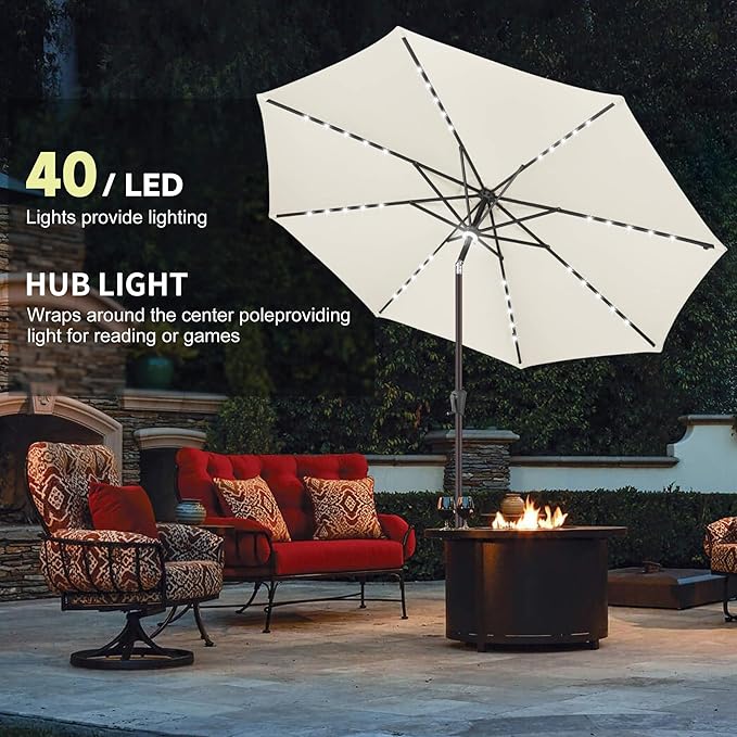 11ft Solar Umbrella Outdoor - Lighted Solar Patio Umbrella with 40 LED Lights Waterproof UV Protection, Table Umbrella with Tilt for Pool, Porch, Garden, Deck, Backyard - Ivory