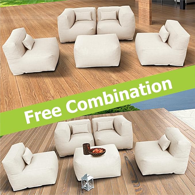 Patio Furniture Set Bean Bag Chairs Calaluna 5PC Outdoor Chairs Sectional Conversation Patio Set Daybed Furniture Outdoor Sofa Couch High Density Foam Filling Modern Comfy Patio Couch (Light Beige)