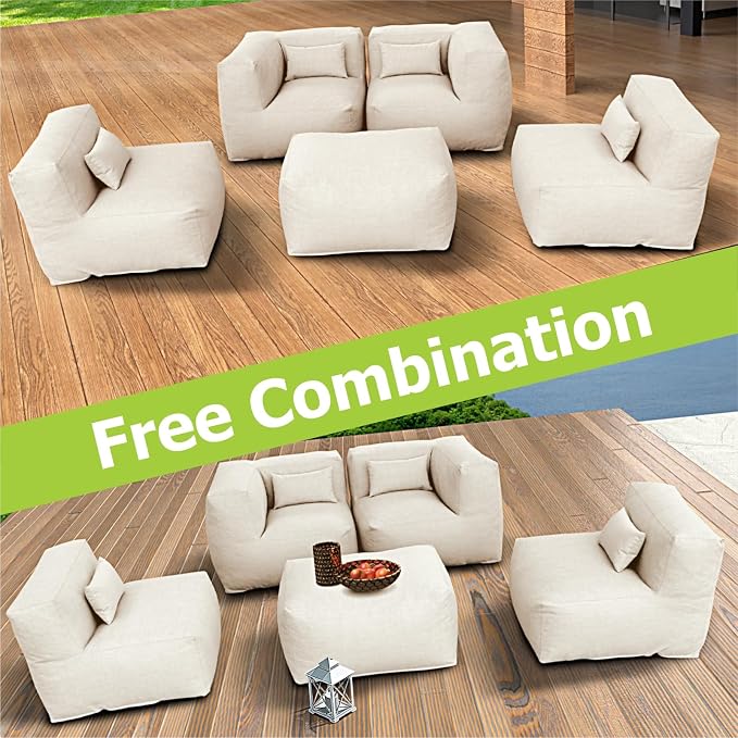 ANNYH Modern Calaluna 5Pc OUTDOOR Furniture Sectional Conversation Set- COMBINATION of 2Middle 2Corner 1Ottoman/Coffee-Expansion Foam Filling chairs-A UNIQUE Modular Contemporary Sofa (Light Beige)