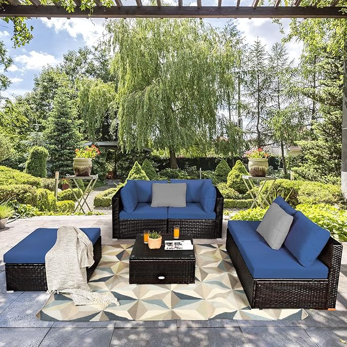 COSTWAY 6-Piece Outdoor Patio Furniture Set, Rattan Sectional Sofa Set with Tempered Glass Coffee Table, Cushions and Ottoman for Garden, Deck, Backyard (Navy)