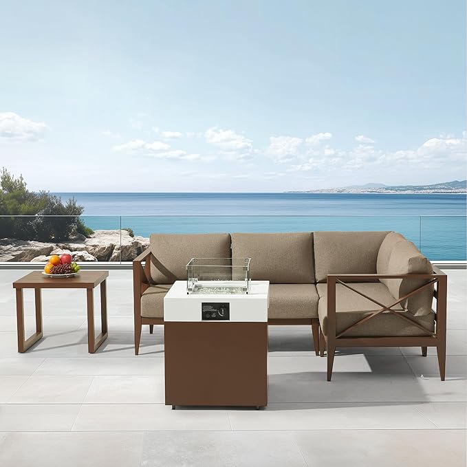 MBY Aluminum Patio Sectional Set with Fire Pit Table – 4-Seat Outdoor Conversation Sofa Set with Corner Seat & 37,000 BTU Gas Firepit, Glass Wind Guard, Weather-Resistant – Brown