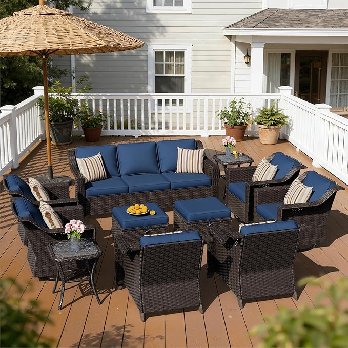 11 Pieces Patio Conversation Furniture Set - 1 Sofa, 2 Ottoman, 2 Armchairs, 4 Swivel Chairs, 2 Side Tables, Outdoor Wicker Furniture with Removable Cushions for Porch, Sunroom (Blue)