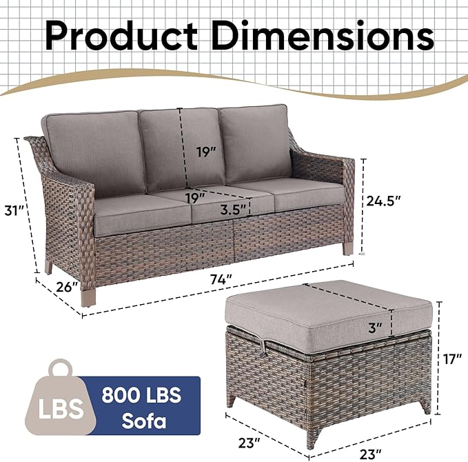 3 Pieces Patio Conversation Sets-All-Weather Wicker Sectional Couch with Ottomans for Deck Balcony Poolside Backyard-Brown/Grey