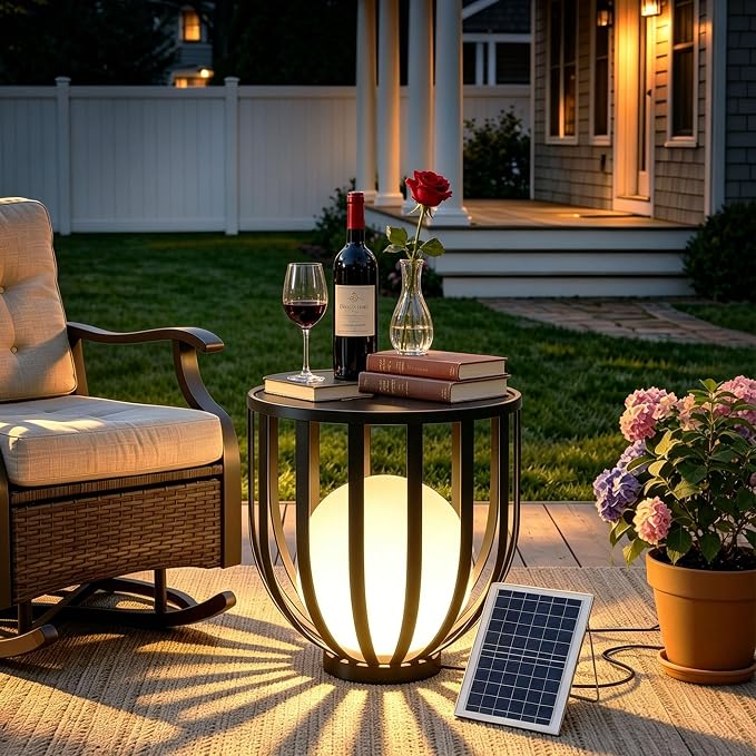 LED Outdoor Side Table, Solar Charging and Remote Control,Built-in Sphere Light,All Weather Metal Decor for Patio & Garden