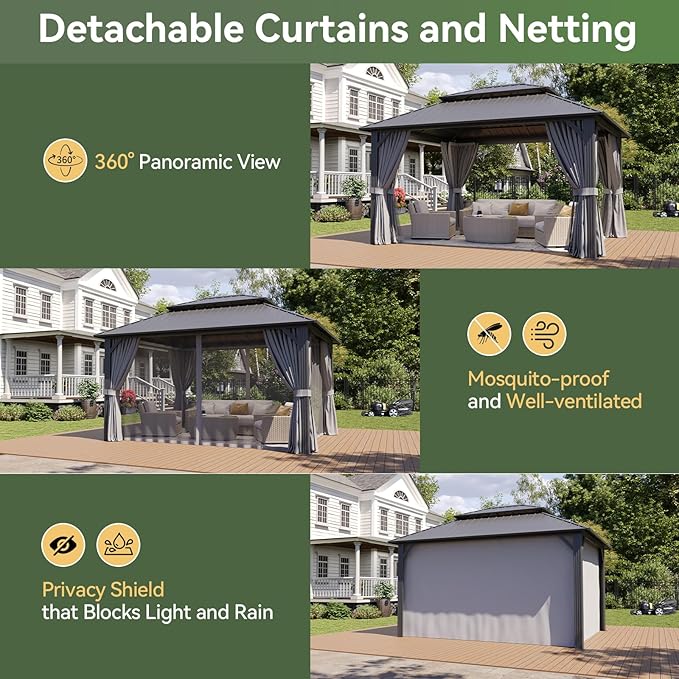 Aoxun 10Ft X 12Ft Hardtop Gazebo, Aluminum Metal Outdoor Gazebo with Breathable Netting and Curtains, Galvanized Steel Double Top, Permanent Patio Pavilion for Backyard, Wedding, Party