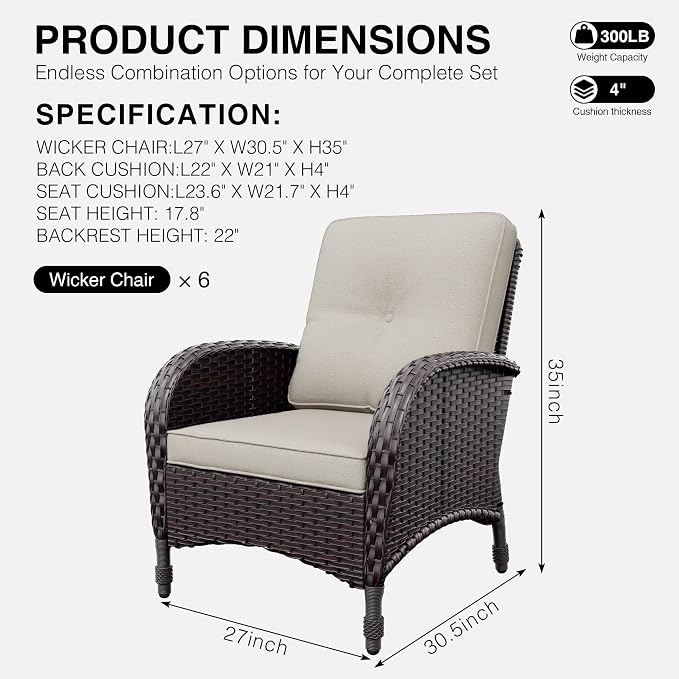 Joyside Wicker Patio Chairs, 6 Piece Rattan Outdoor Furniture with Thickened Cushions, High Back, Deep Seating, Wide Armrest, Outdoor Chairs for Porch, Deck