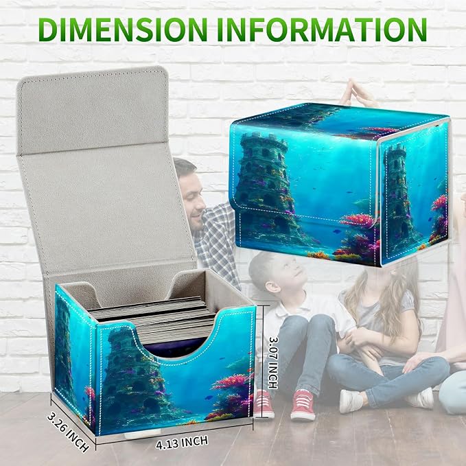 Card Deck Box for MTG, Cards Storage Box Fits 120+ Sleeved, Leather Small Size Strong Magnetic Closing Card Case for Board Games Magic TCG CCG Baseball Collection, Underwater Castle