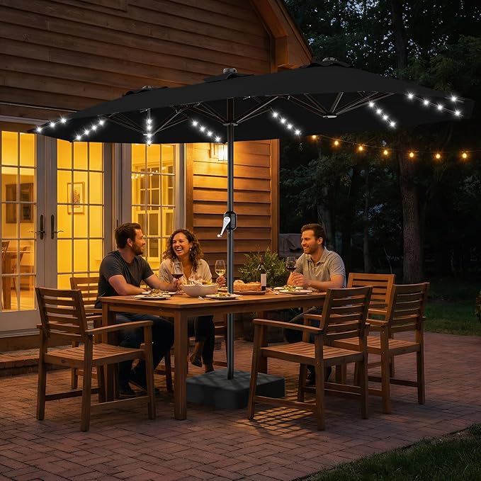 AreShark 13 FT Patio Umbrella with Solar Lights, Double-Sided Outdoor Table Umbrellas with Crank, Large Rectangular Market Umbrella for Porch, Lawn, Pool, Backyard, Black