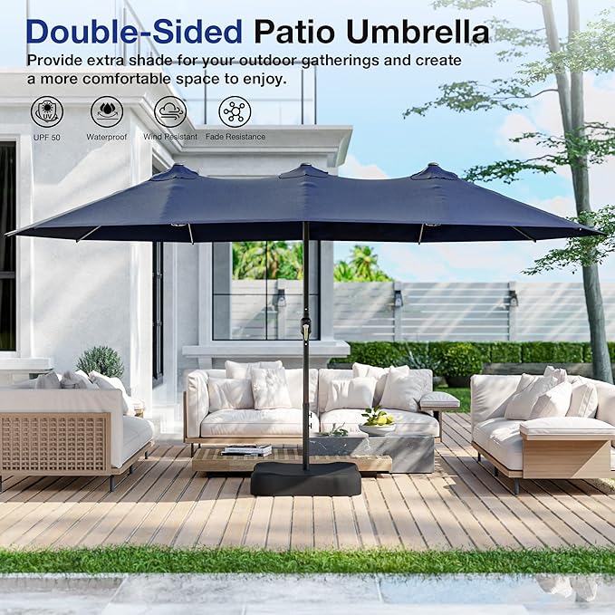 Joyside 15FT Large Patio Umbrella, Outdoor Double Sided Umbrella, Rectangle Umbrella with Crank Handle, 12 Sturdy Ribs for Deck, Porch and Pool