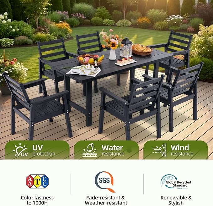 10-Piece Outdoor Dining Set, All-Weather HDPE Patio Furniture, Two 66.5" Slatted Table with 1.6" Umbrella Hole & 8 Ergonomic Armchairs, Heavy Duty 350lbs Capacity, UV Resistant, Black