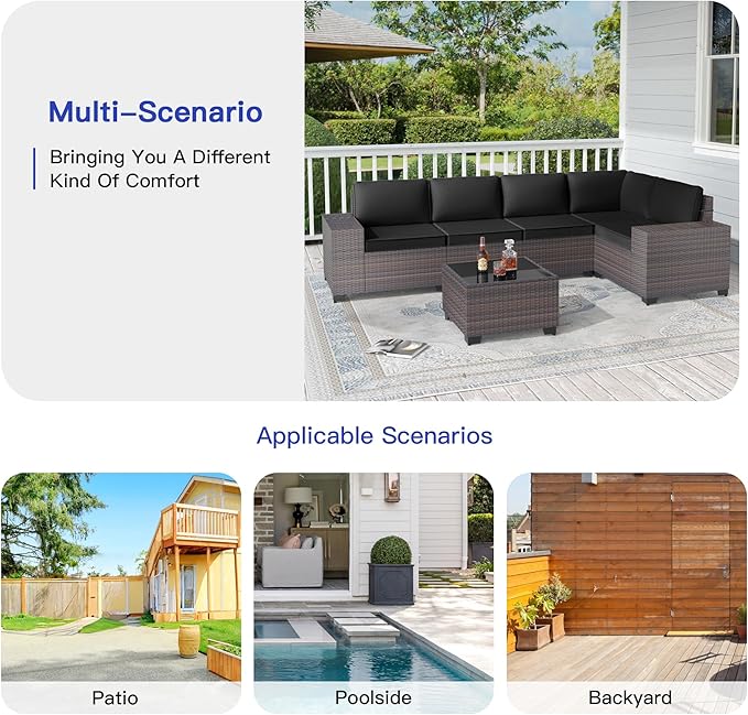 Patio Furniture Set 6 Pieces Outdoor Sectional Sofa Set,PE Rattan Wicker Patio Conversation Set with Thickened Cushions and Glass Coffee Table,Black