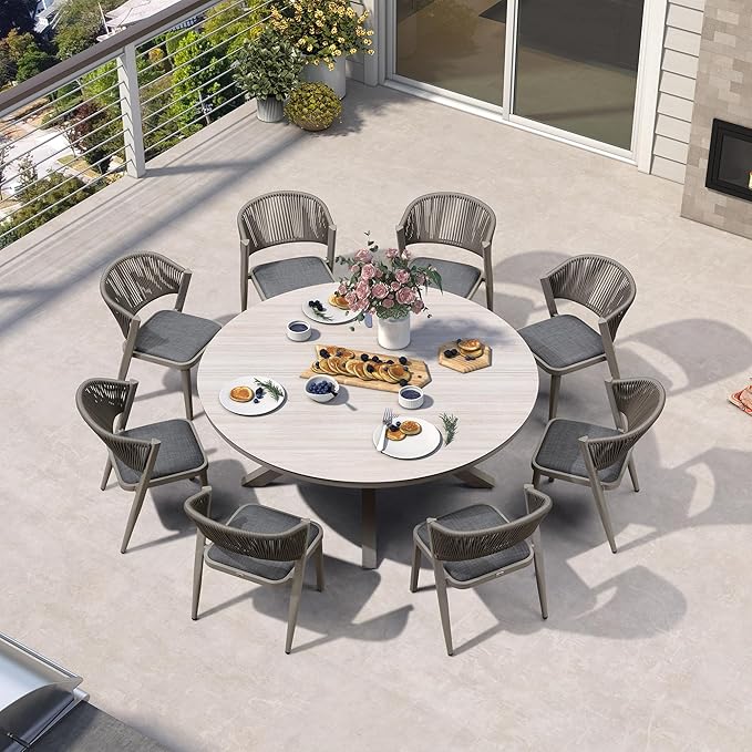 PURPLE LEAF 9 Pieces Round Dining Set Aluminum Frame and Wicker Rattan Patio Table and Chairs with Cushions for Backyard Garden Deck Grey
