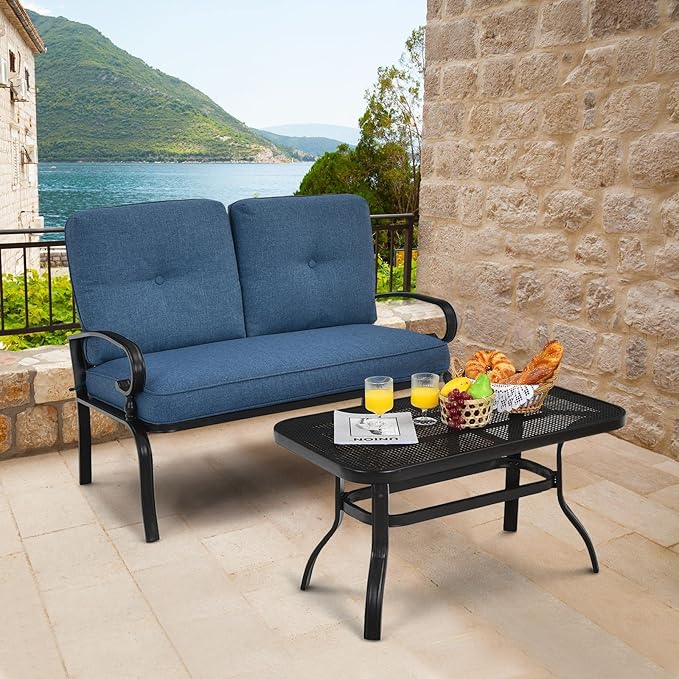 Tangkula Patio Loveseat with Table Set, 2 Seat Cushioned Sofa with Coffee Table, Patio Conversation Sofa Set with Rustproof Frame, 2 Pieces Outdoor Furniture Set for Garden, Poolside, Balcony (Blue)