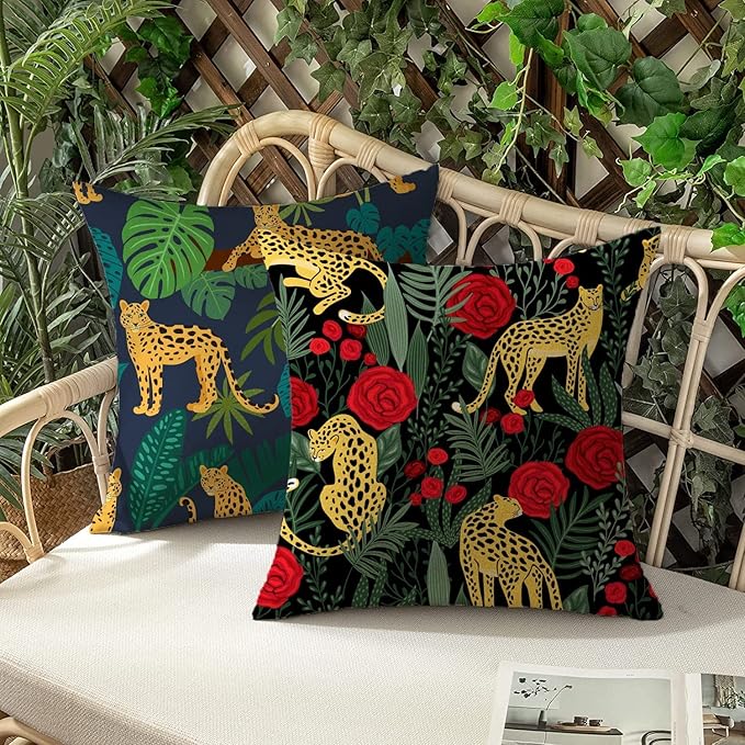 HUASHUZI Outdoor Waterproof Throw Pillow Covers Jungle Leopard Tropical Cushions Pillows Case 18x18 Inch Set of 4 Patio Furniture Pillows Decorative for Home Garden Sofa Couch