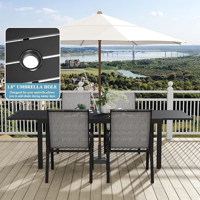 PIZZELLO Outdoor Expandable Dining Table 71"-106" Aluminum Patio Dinner Table for 8-10 Person, Rectangular Metal Collapsible Tables w/Umbrella Hole, Patio Table w/Extendable Top for Garden, Backyard